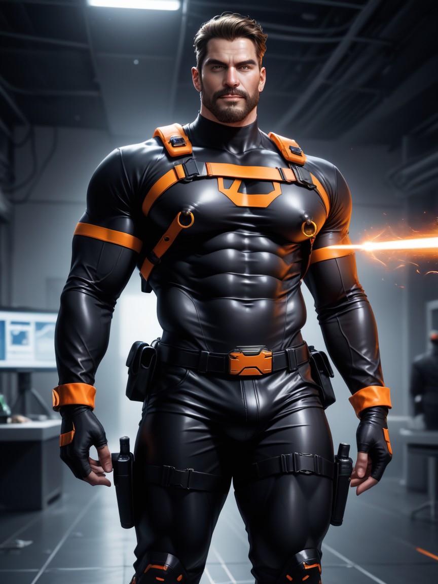 Beard, Black With Orange Trim Thong, Large Ass AI Gay Porn