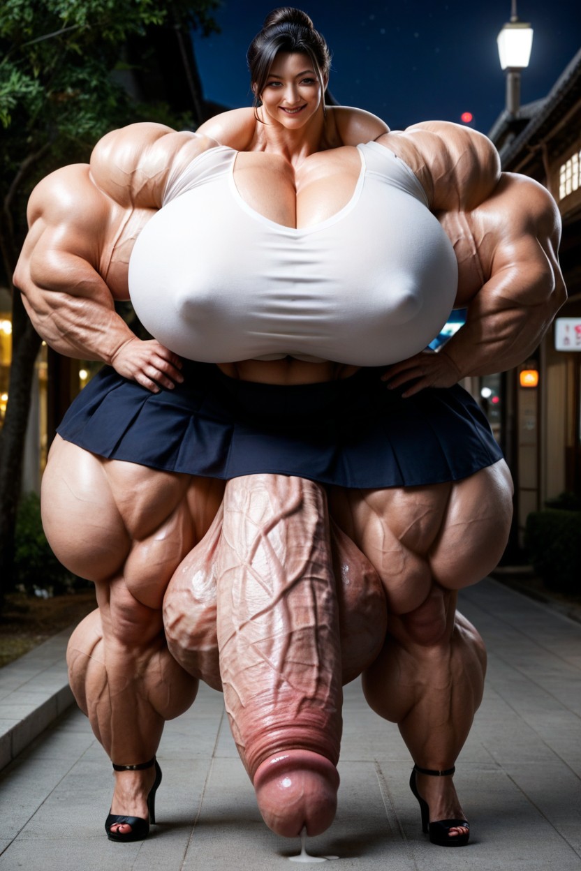 City, Front View, Hyper Gigantic Massive Veiny Testicles Shemale AI Porn