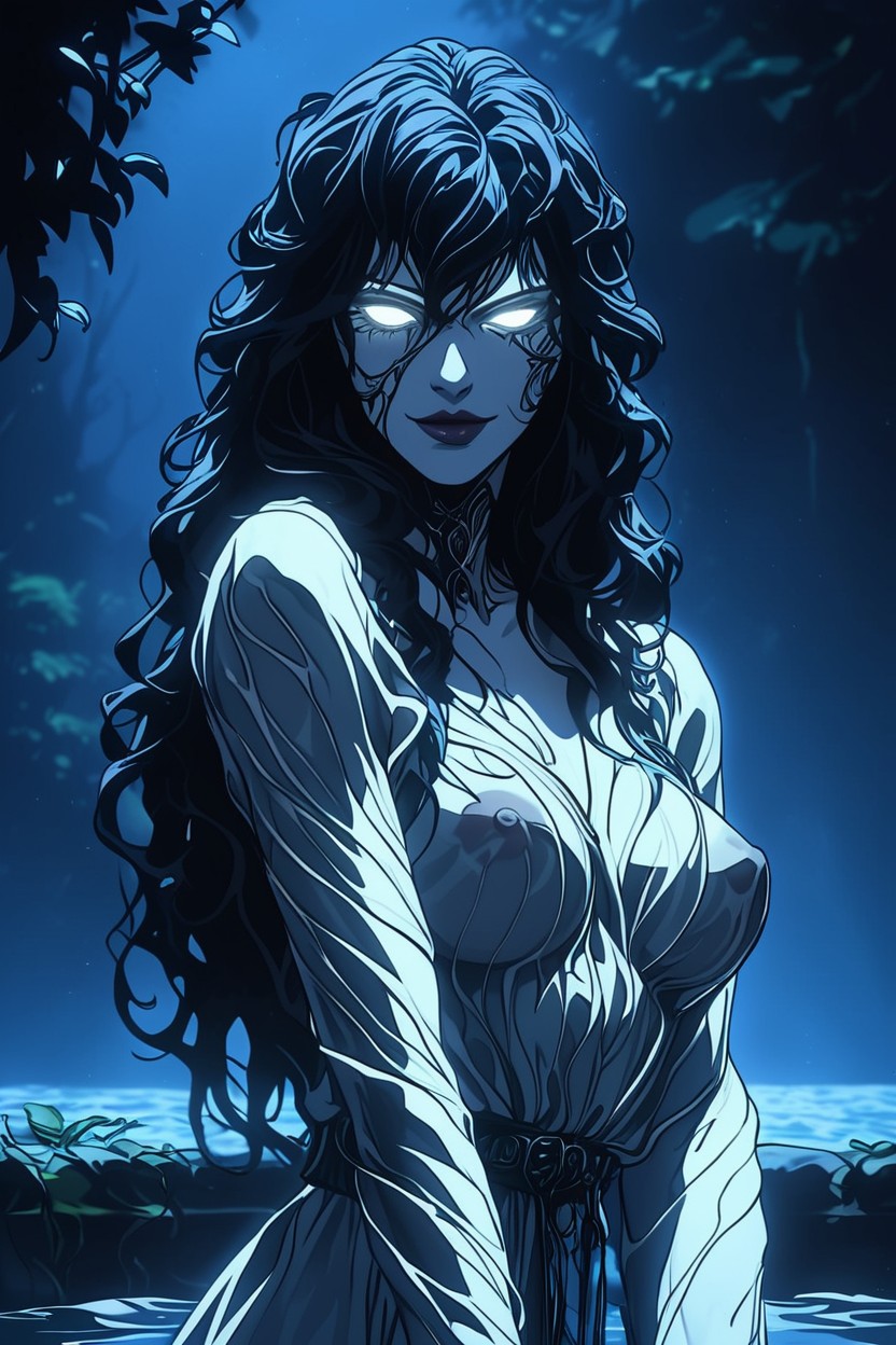 Smirk, White Eyes, White Flowing Dress AI Porn