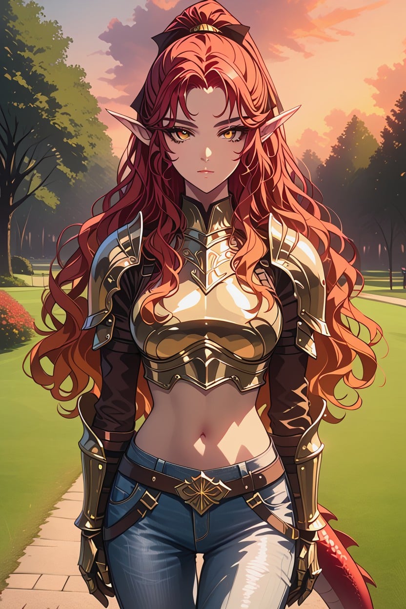 Crop Top, Red Tail, Brown Vaquera Shorts Hentai AI Porn