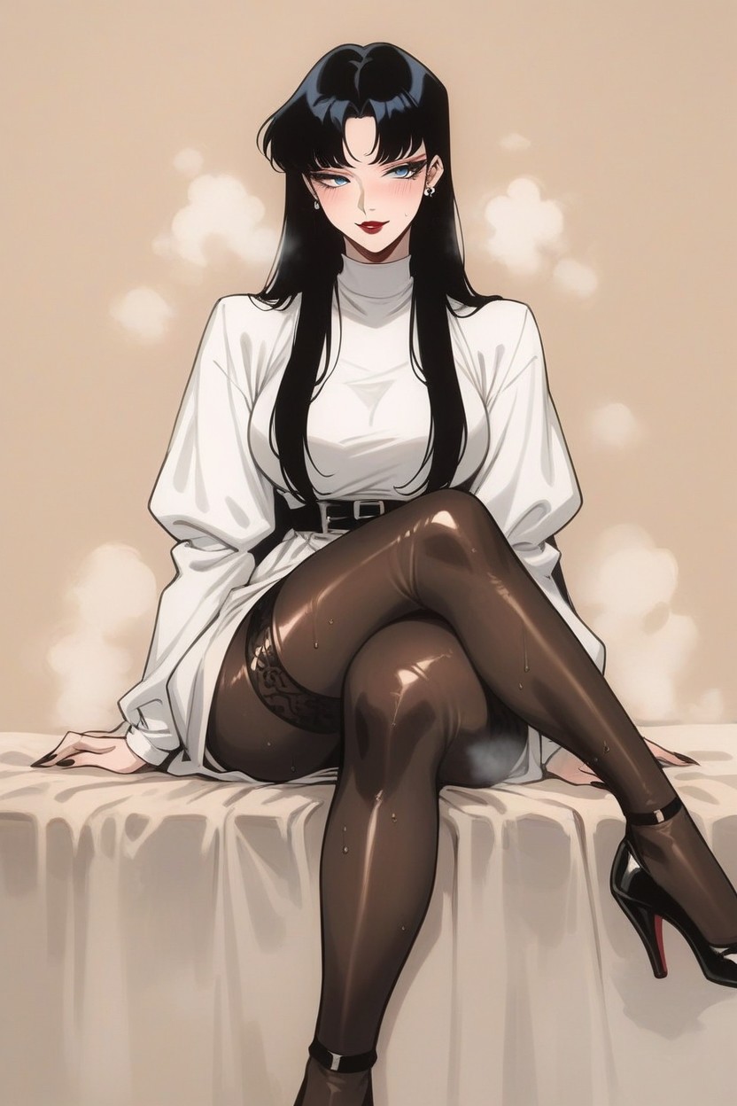 Oiled Skin, Blue Eyes, Legs Crossed Hentai AI Porn