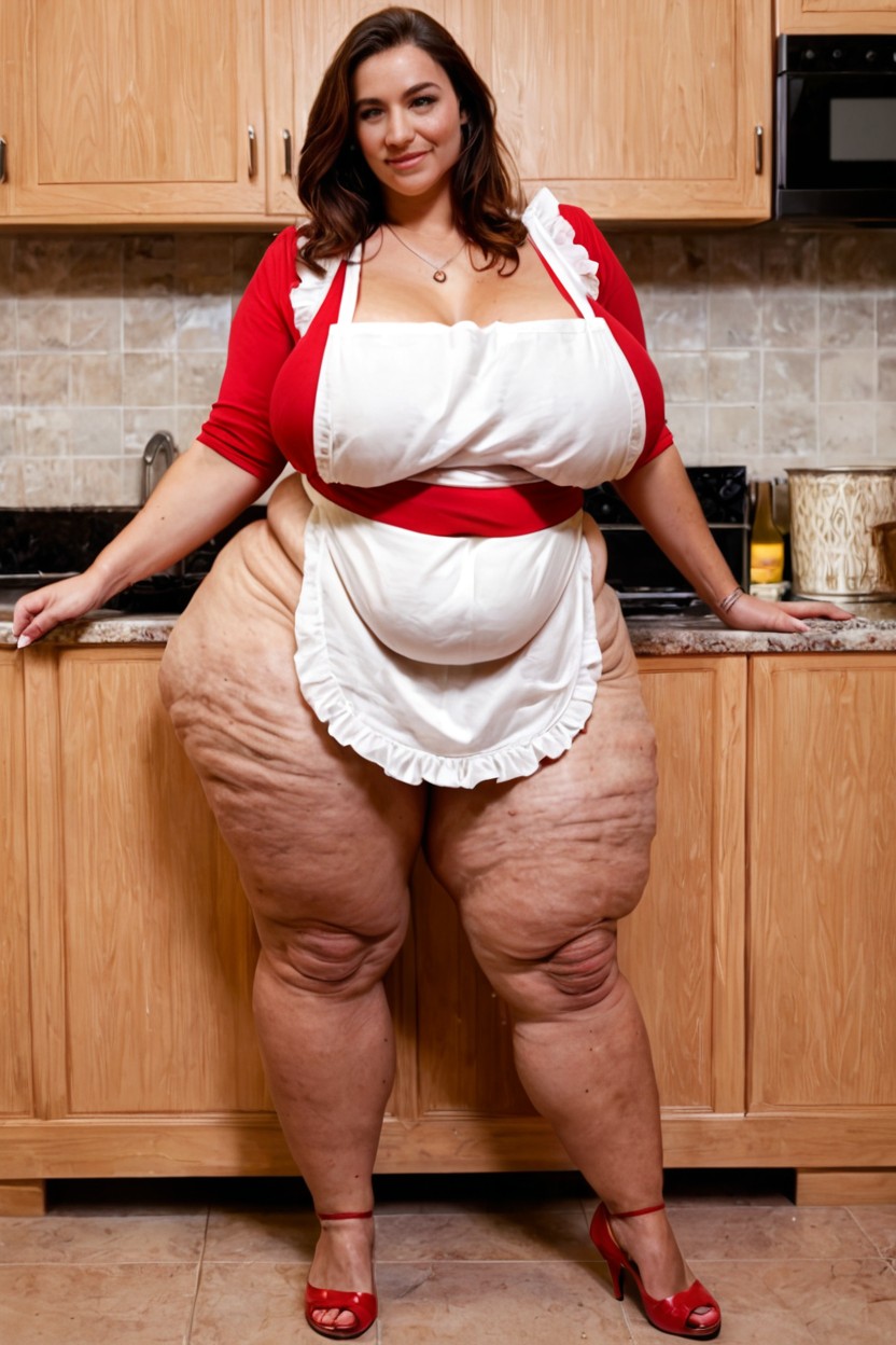 Front View, Colossal Breasts Touching The Middle Of Her Belly, Apron BBW AI Porn