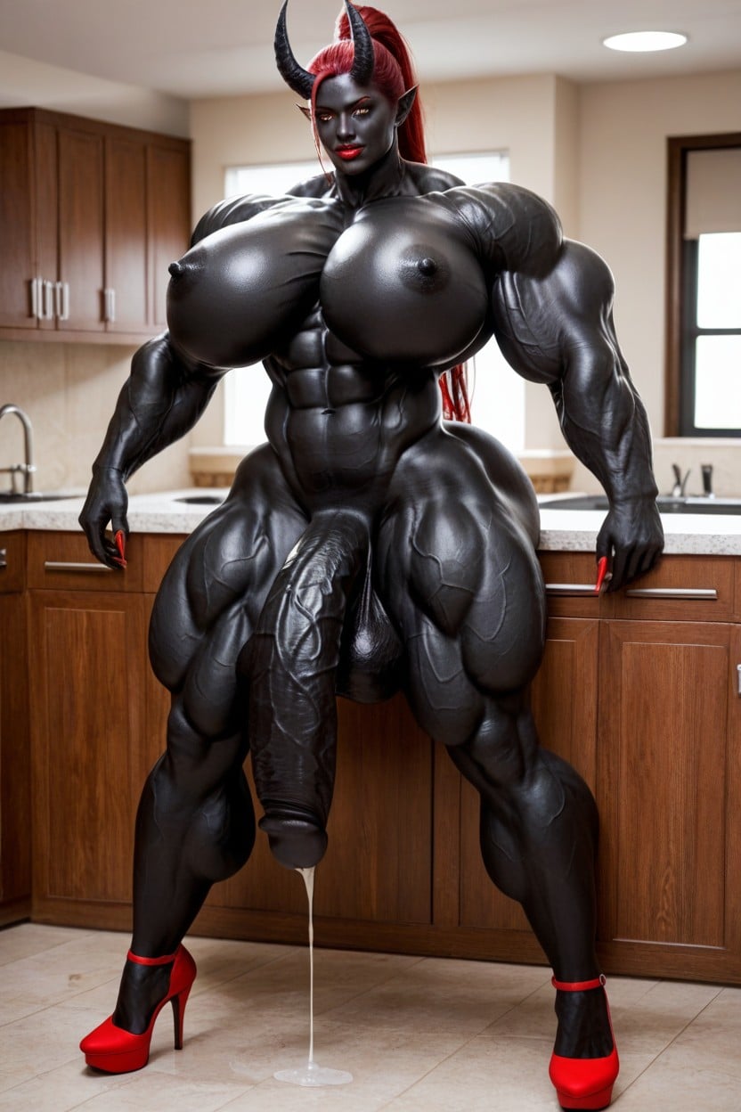 Ultra Muscular, Red Lips, Masturbation Shemale AI Porn