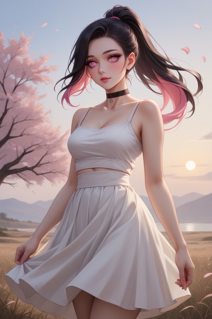 Pink Eyes, One Woman, Black Hair AI Porn