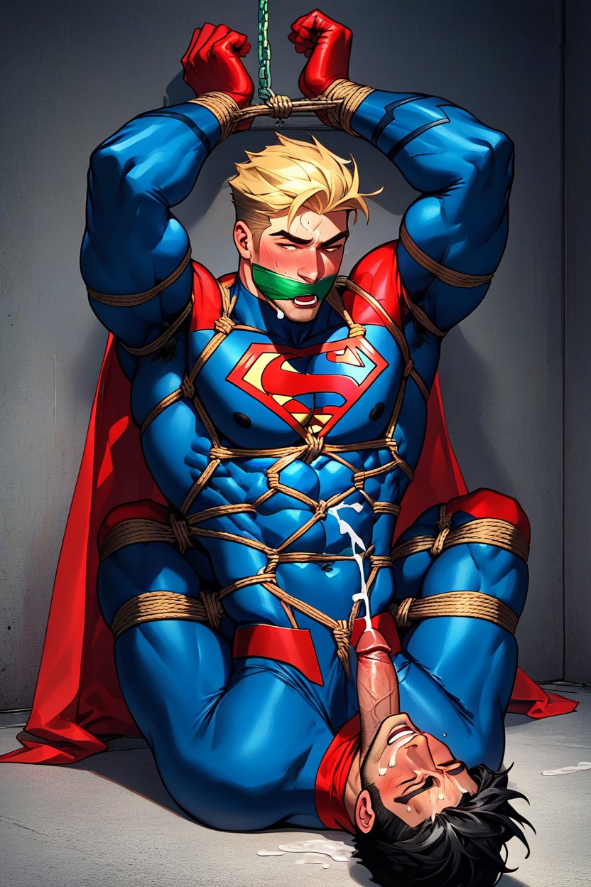 Sweating, Black Hair, Suspended By Kryptonite Rope AI Gay Porn