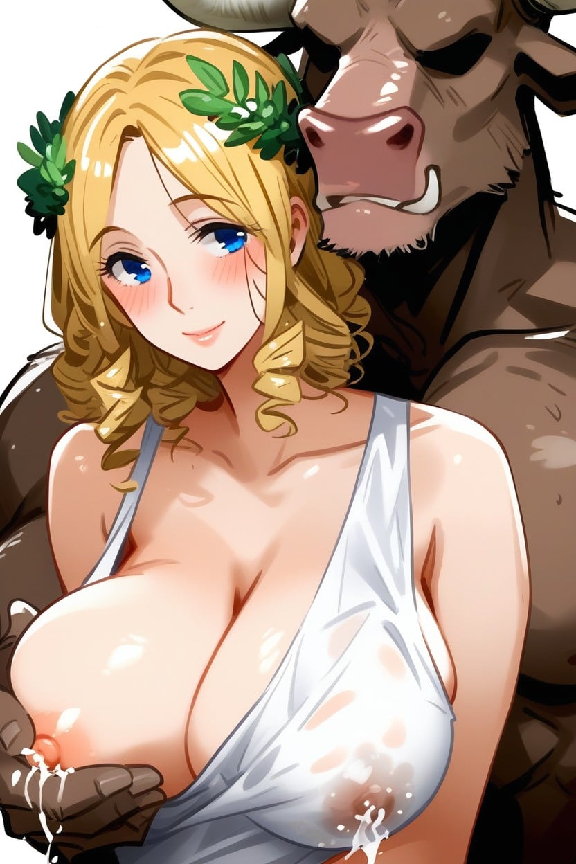 One Her Tit Out, Faceless Minotaur Male, Perfect Illustration Hentai AI Porn
