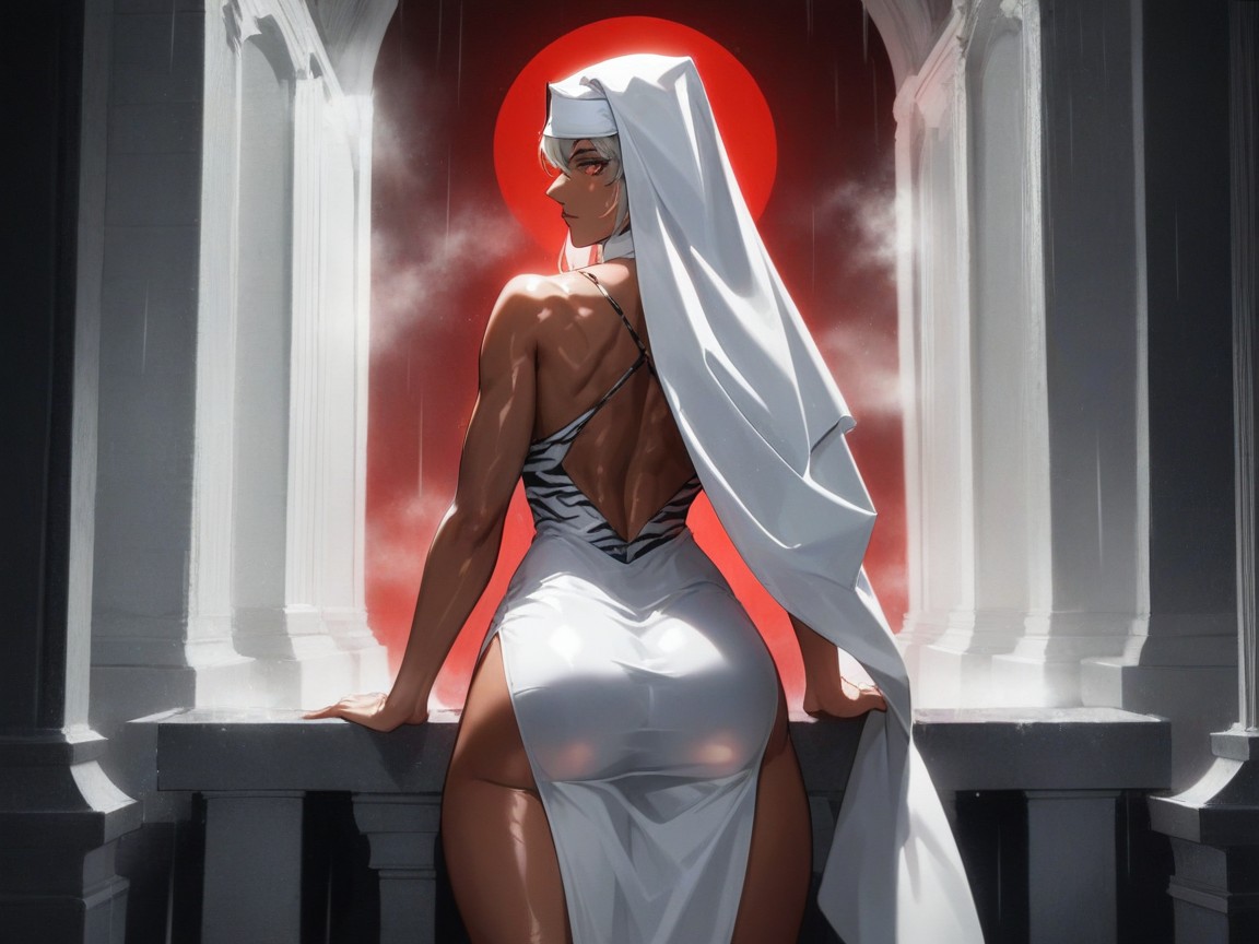 Red Walls, Wearing Silver Tiger Print Ghost Clothes, Stair Well Hentai AI Porn