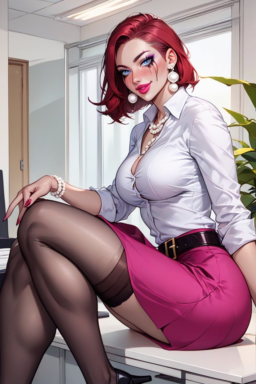Purple Eyeshadow, Necklace With Green Ruby, Pink Skirt Hentai AI Porn