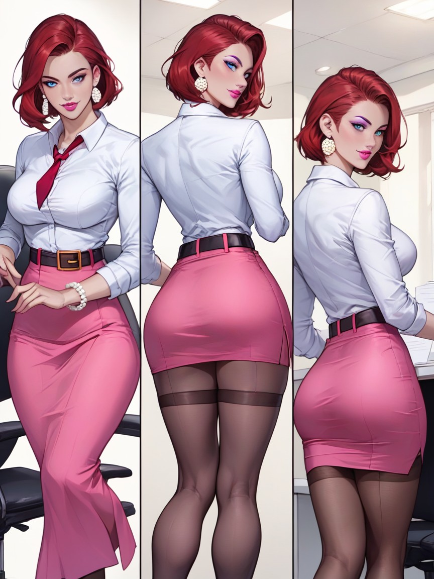 Long Eyeliner, Lavender Blouse, Red Hair Hentai AI Porn