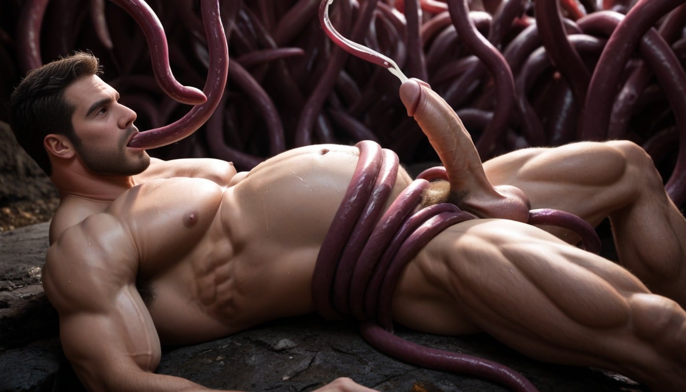 Inside Gigantic Translucent Tentacle Holding Big Eggs, Side View, Muscular Belly AI Gay Porn