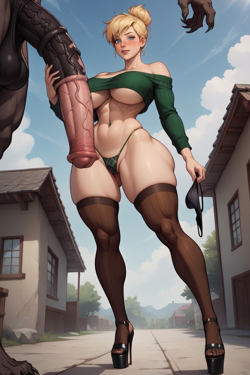 Wearing A Thong, Off-shoulder, Man Is Triple Her Size Hentai AI Porn