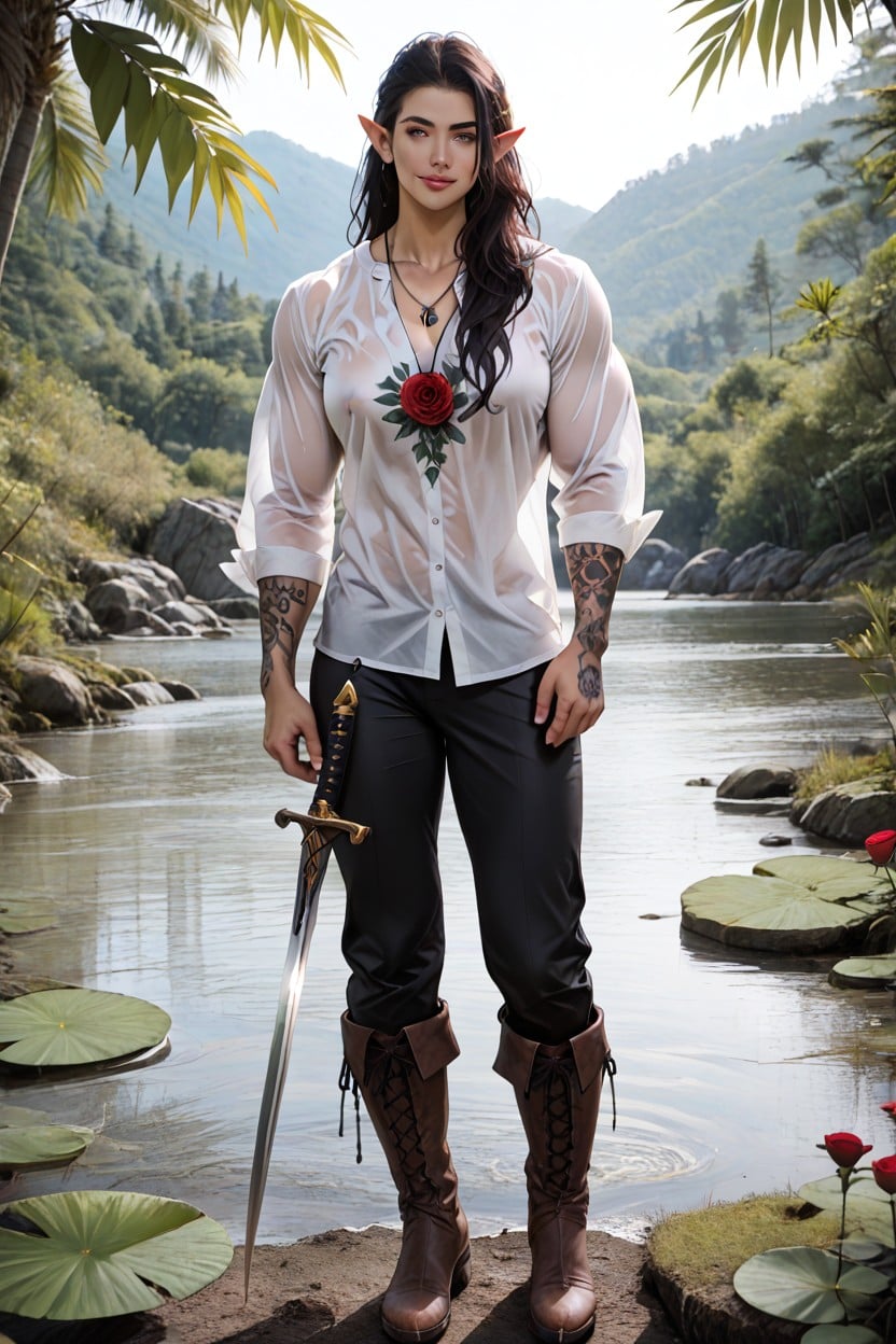 Heavily Tattooed Arms, Necklace, Holding A Large Great Sword Upraised In Her Right Hand AI Porn