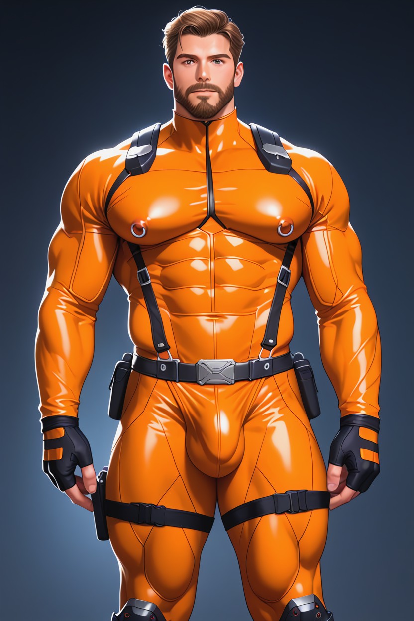Octane Render, Beard, Wearing A Black With Orange Trim Bodysuit 게이 AI 포르노