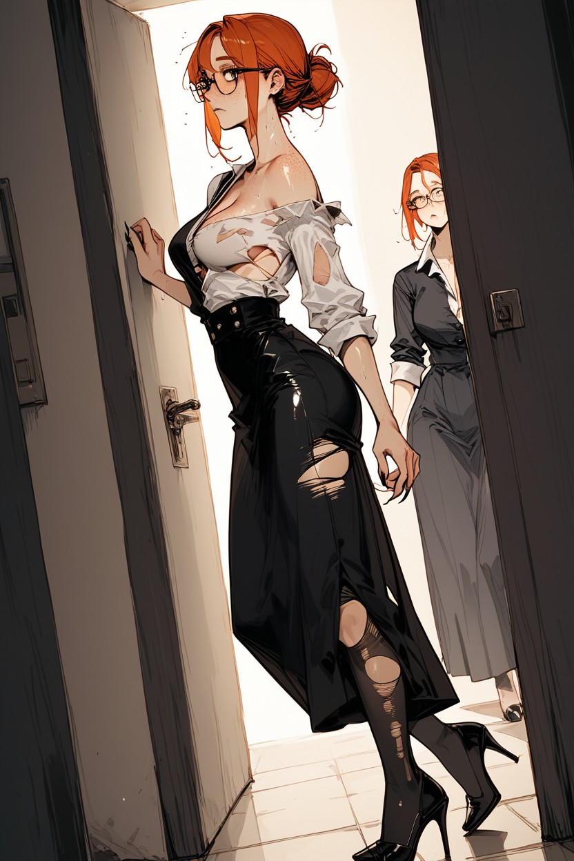 Skirt With High Slit, Cleavage, Torn Clothes Hentai AI Porn