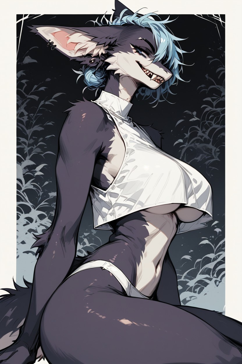 White Crop Top, Detailed Fangs, Wasp Waist 퍼리 AI 포르노