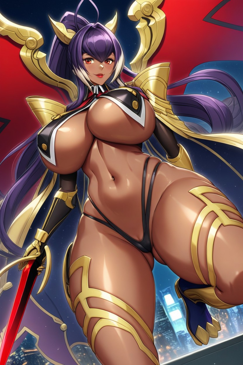 Red Lipstick, Holding Huge Red Spear Sword, Dark Purple Hair Hentai AI Porn