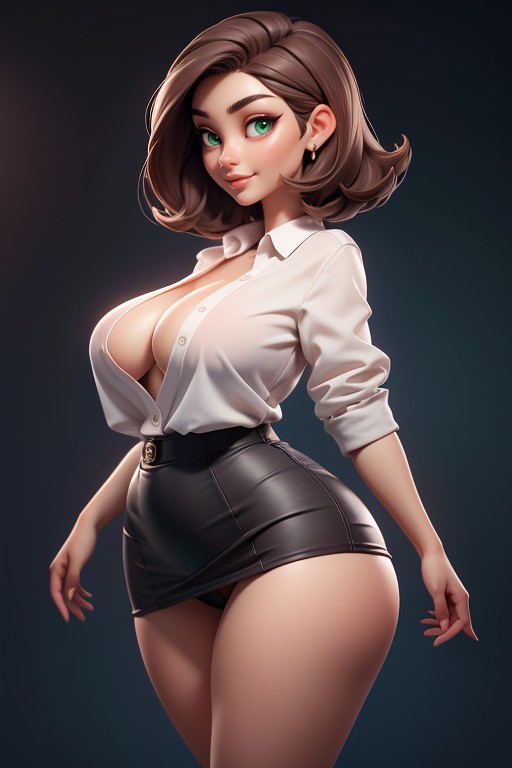 Tight Skirt, Open Shirt With Breasts Sticking Out, Thick Hentai AI Porn