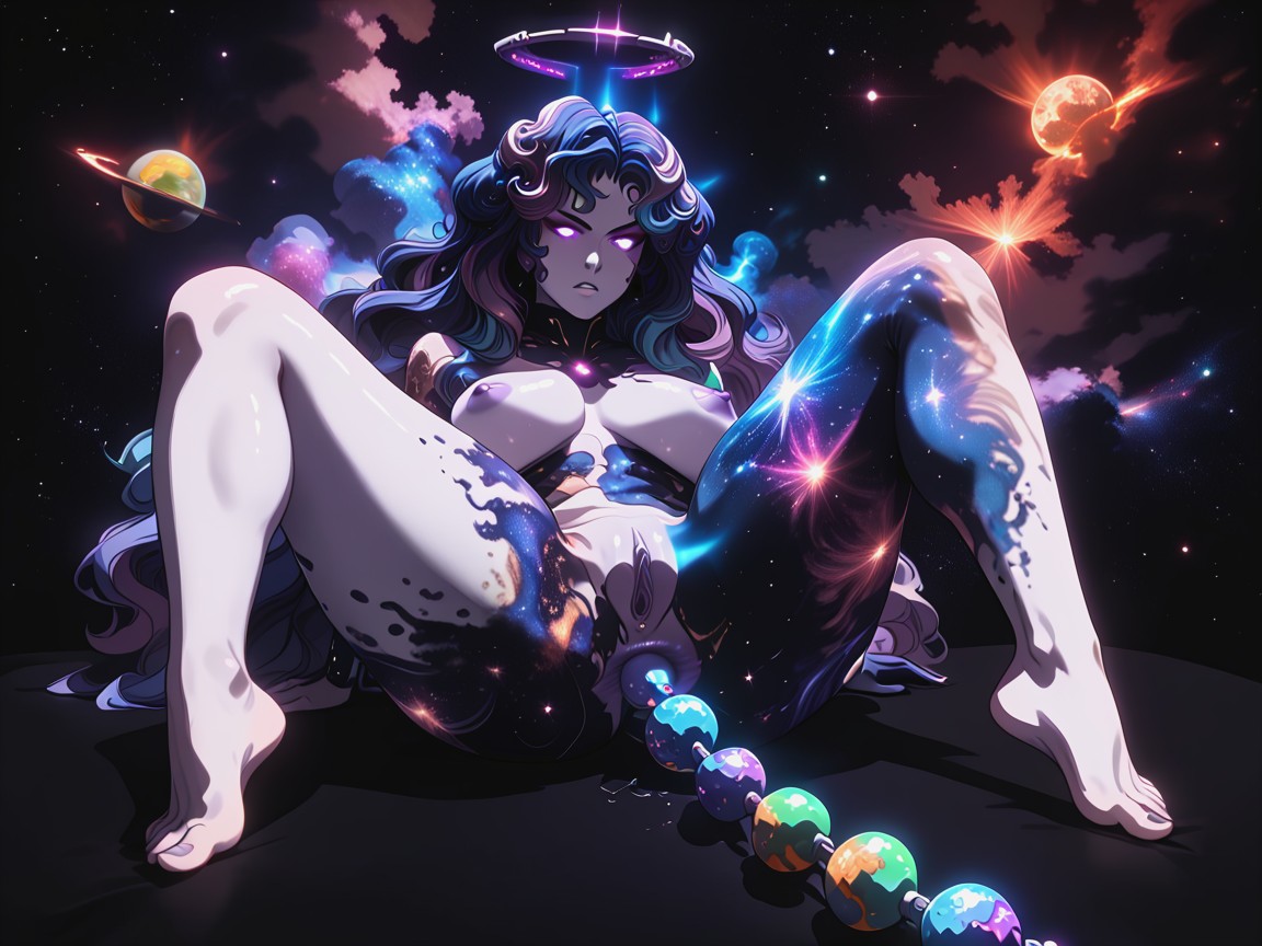 Black Glowing Eyes, Nebula Colored Fire Hair, Floating In Space Hentai AI Porn