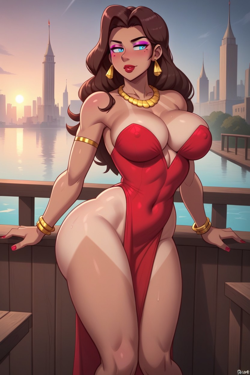 Voluptuous Figure, Dark Tanned Skin, Tanlines Hentai AI Porn