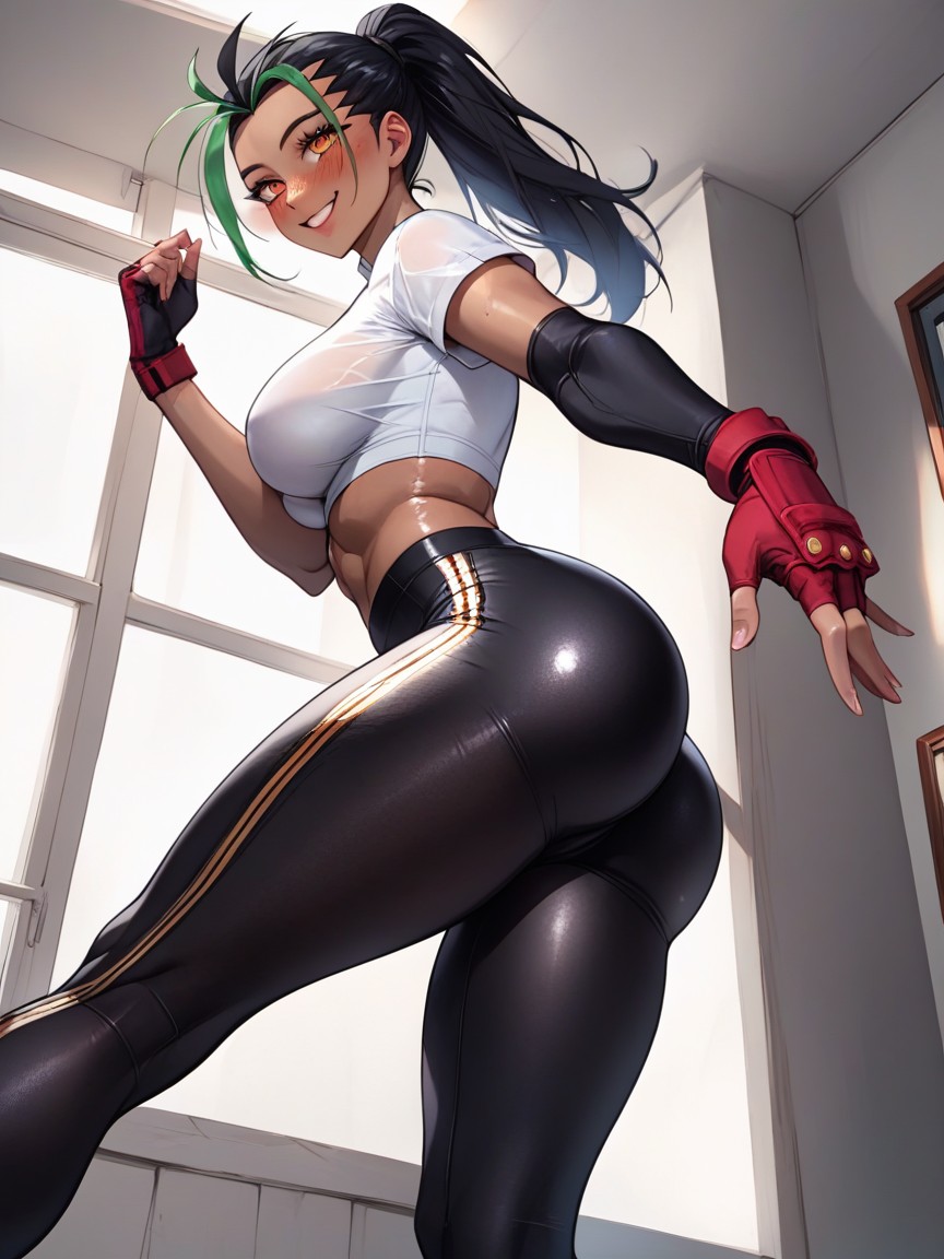 Standing, Looking Up At Viewer, Form Fitting Clothes Hentai AI Porn