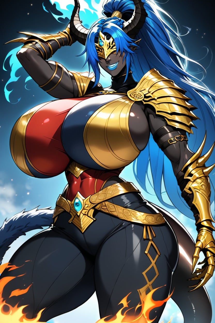 Huge Black Dragon Tail With Fiery Blue Fur, Dark Blue Silk Pants, Vampire AI Porn