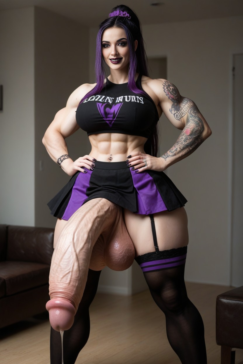 Pubic Hair, Hands On Hips, Detailed Goth Gamer Shemale AI Porn