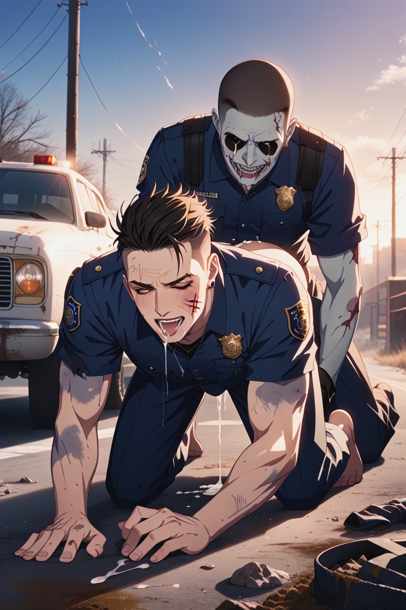 A Broken Police Car, Many Punks Around, Fit AI Gay Porn