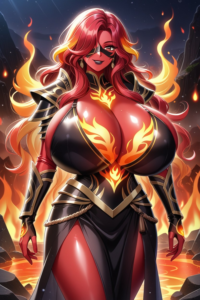Large Ass, Glowing Flames On Chest, Fiery Lava Leg Armor With Flame Pattern AI Porn