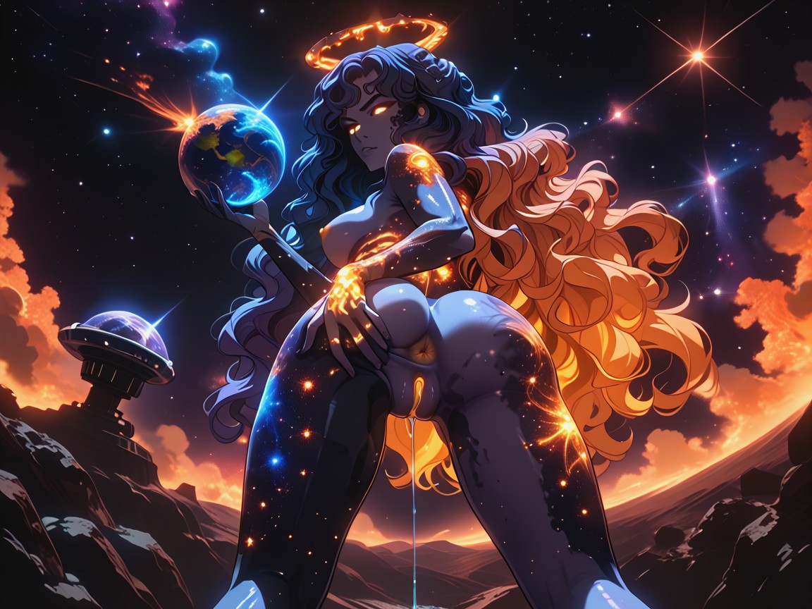 Nebula Colored Fire Hair, Fire Nipples, Close View Hentai AI Porn