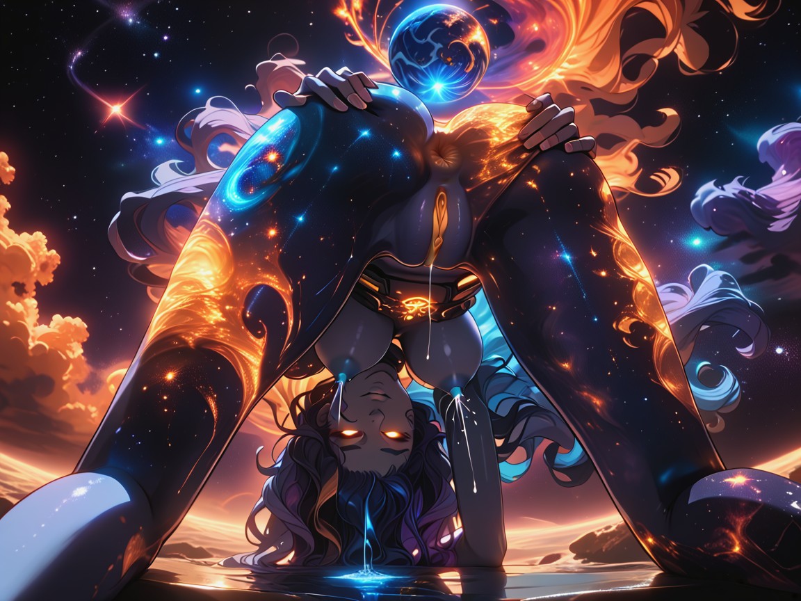 Perfect Round Ass, Blue Glowing Pussy Juice Dripping, Multi Colored Nebula Gas As Hair Hentai AI Porn