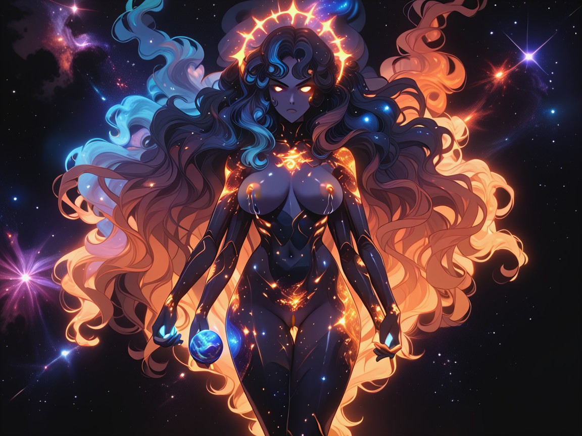 Angry Orgasm Look, Space Nebula Hair, Empty Space Background Hentai AI Porn