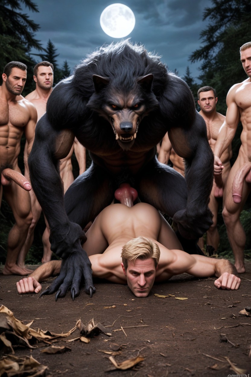Full Moon, Werewolf Pinning Human Down, Impossible Fit AI Gay Porn