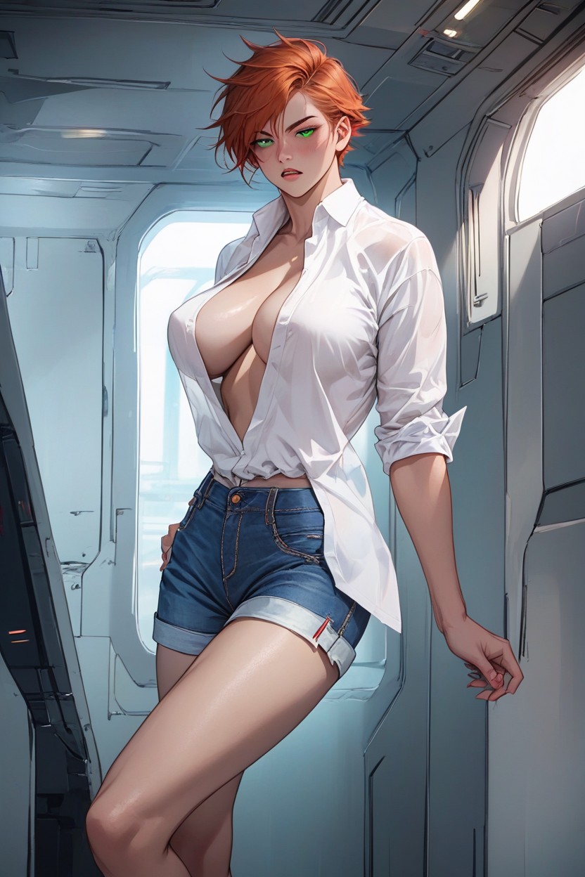 Blushed, Down White Blouse, Red Head Hentai AI Porn