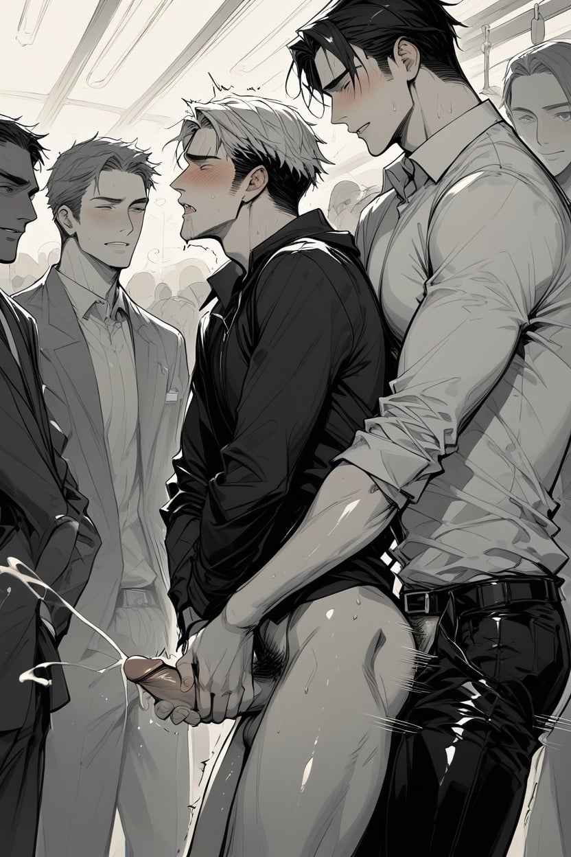 Groping On Cock, Precum Leaking, Black Haired Man Groped By Crowd AI Gay Porn