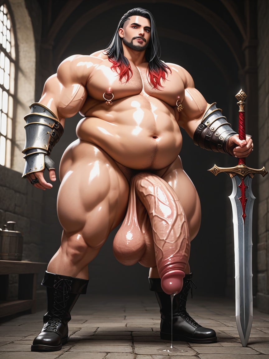Thick Chubby Body, Black Hair With Red Highlights, Nipple Rings AI Gay Porn