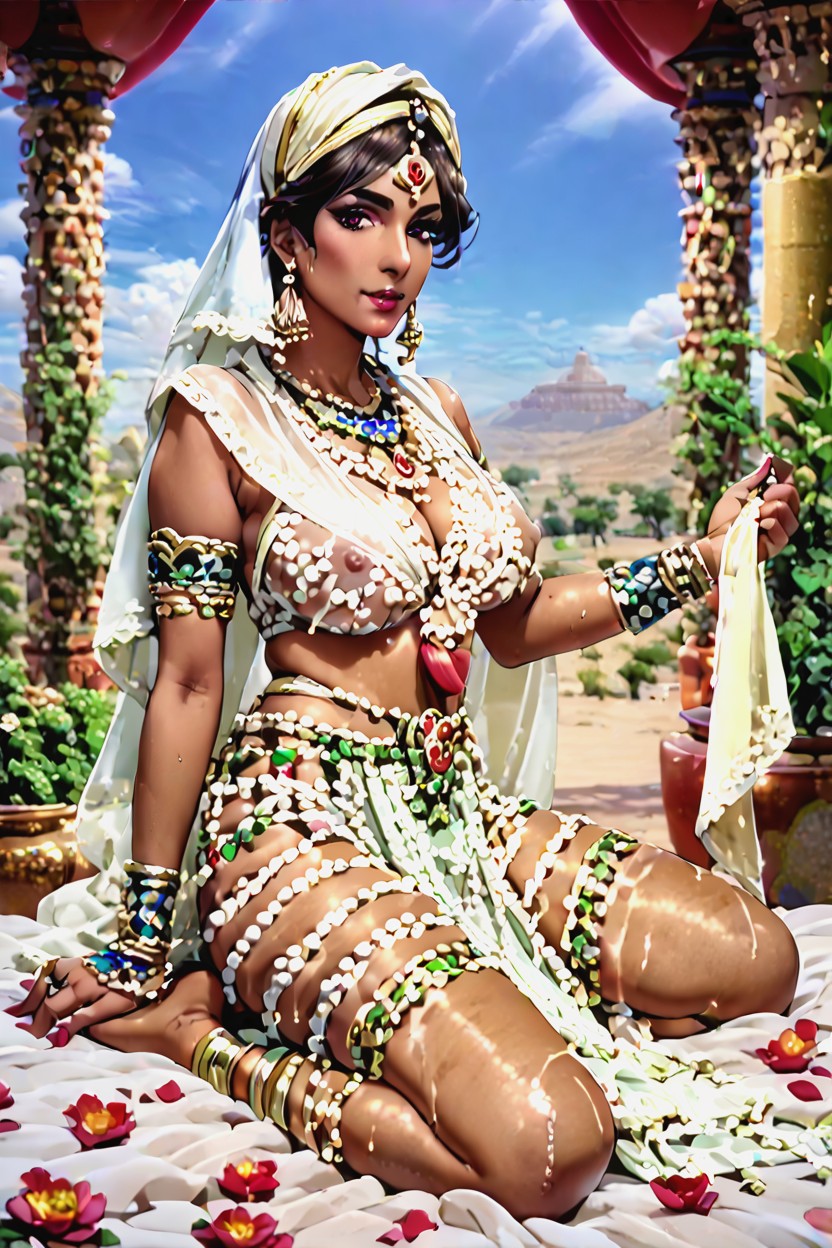 Translucent Silk Saree Over Shoulder, Indian Silk Translucent Sari, Restrained Indian AI Porn