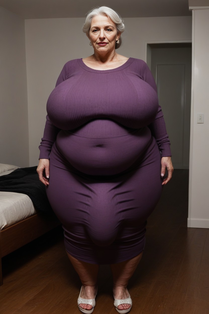 Big Belly, Dimly Lit, Purple Sweater Dress AI Porn