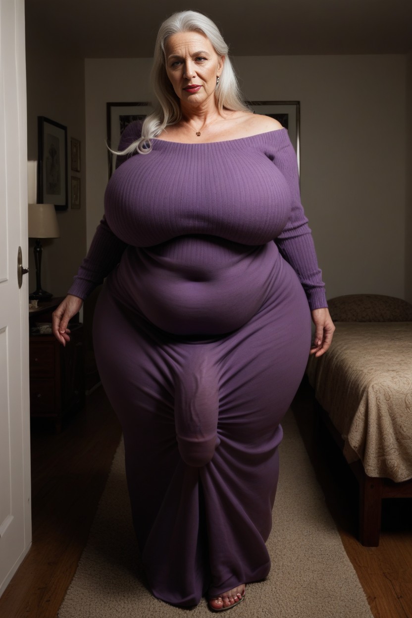 Ssbbw, Hyper Wide Hips Giant Woman Huge Height Extra Plump Lips, Purple Sweater Dress AI Porn