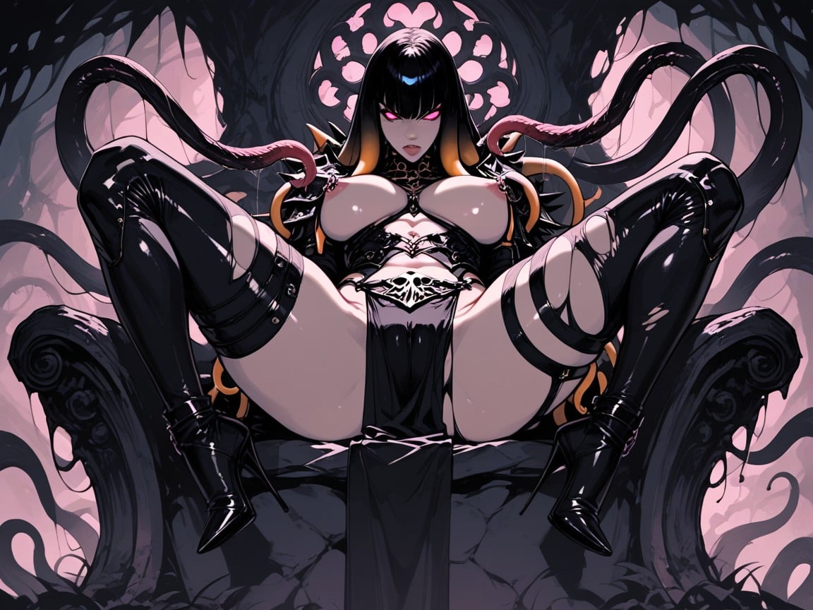 Beautiful Demon God Like Female, Her Hair Tentacles Wrapped Around Her Breasts, Cameltoe Hentai AI Porn