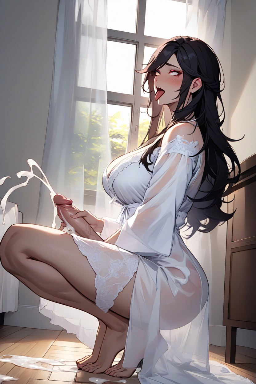 Hair Flip, Long White Nightgown Robe, Leaning Back Shemale AI Porn