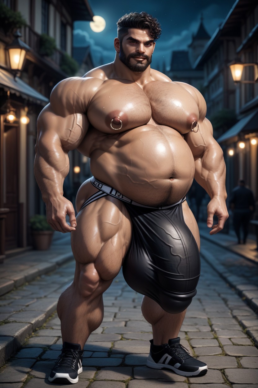 Hyper Girth, Silver Nipple Rings, Curly AI Gay Porn