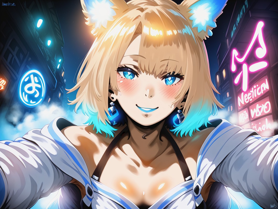 Vibrant Saturated Colors, Wearing Blue Metallic Fox Clothes, High Color Contrast Porno latina IA