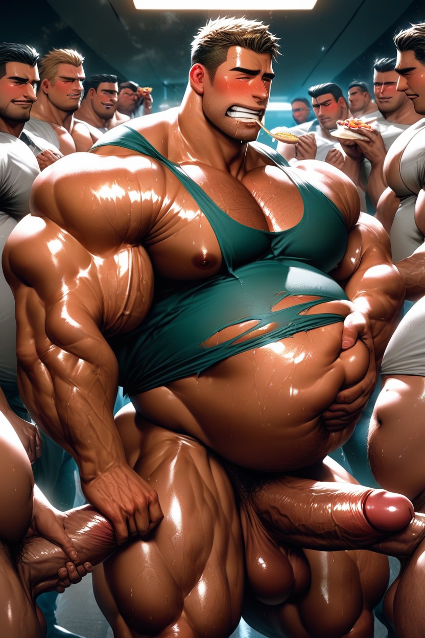 Oversized Muscles, Obese, Eating Food AI Gay Porn
