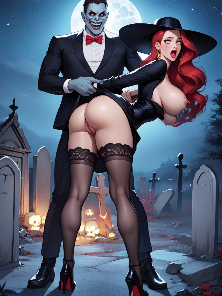 Red Hair, Rounded Breast, Black Lace Stockings Hentai AI Porn