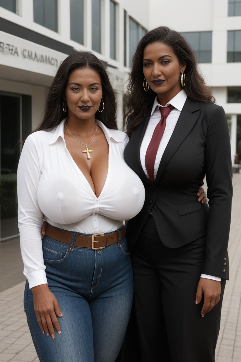 Frange, Chemise Marron Moulante, Jeans Porno IA transsexuelle