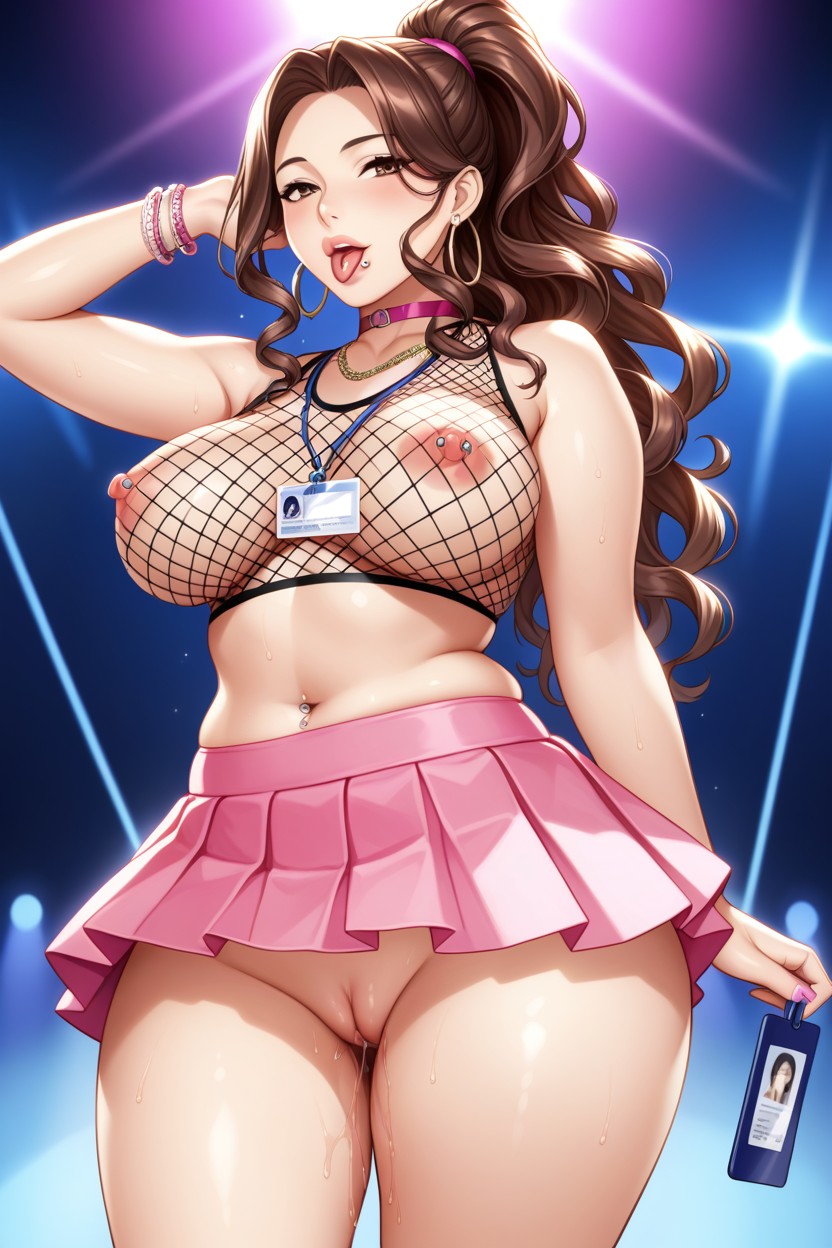 Navel Piercing, Mini Skirt, Fishnet Cropped Tank Top Hentai AI Porn