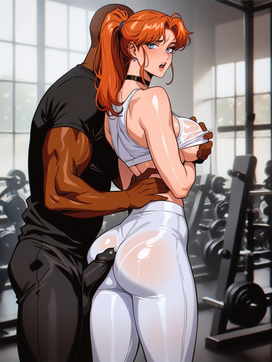 Side View, Man Fondling Boobs, Gym Hentai AI Porn