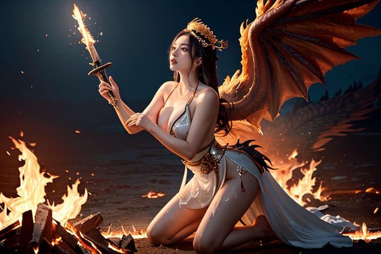Cinematic Composition, Ultra Detailed, A Massive Ethereal Dragon Silhouette Spiraling Behind Her Porno asiático IA