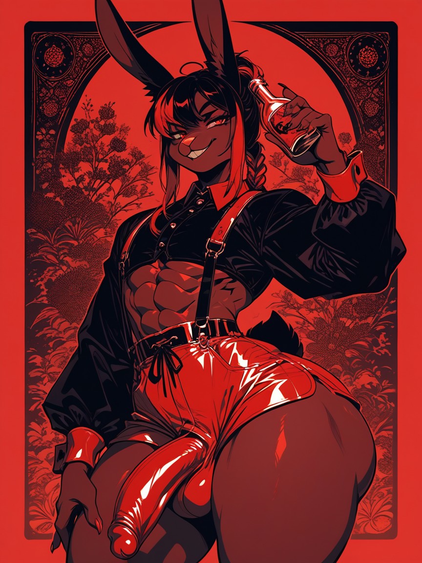 Semi Anthro Rabbit, Tight Suspenders, Crimson Red Highlights Furry IA