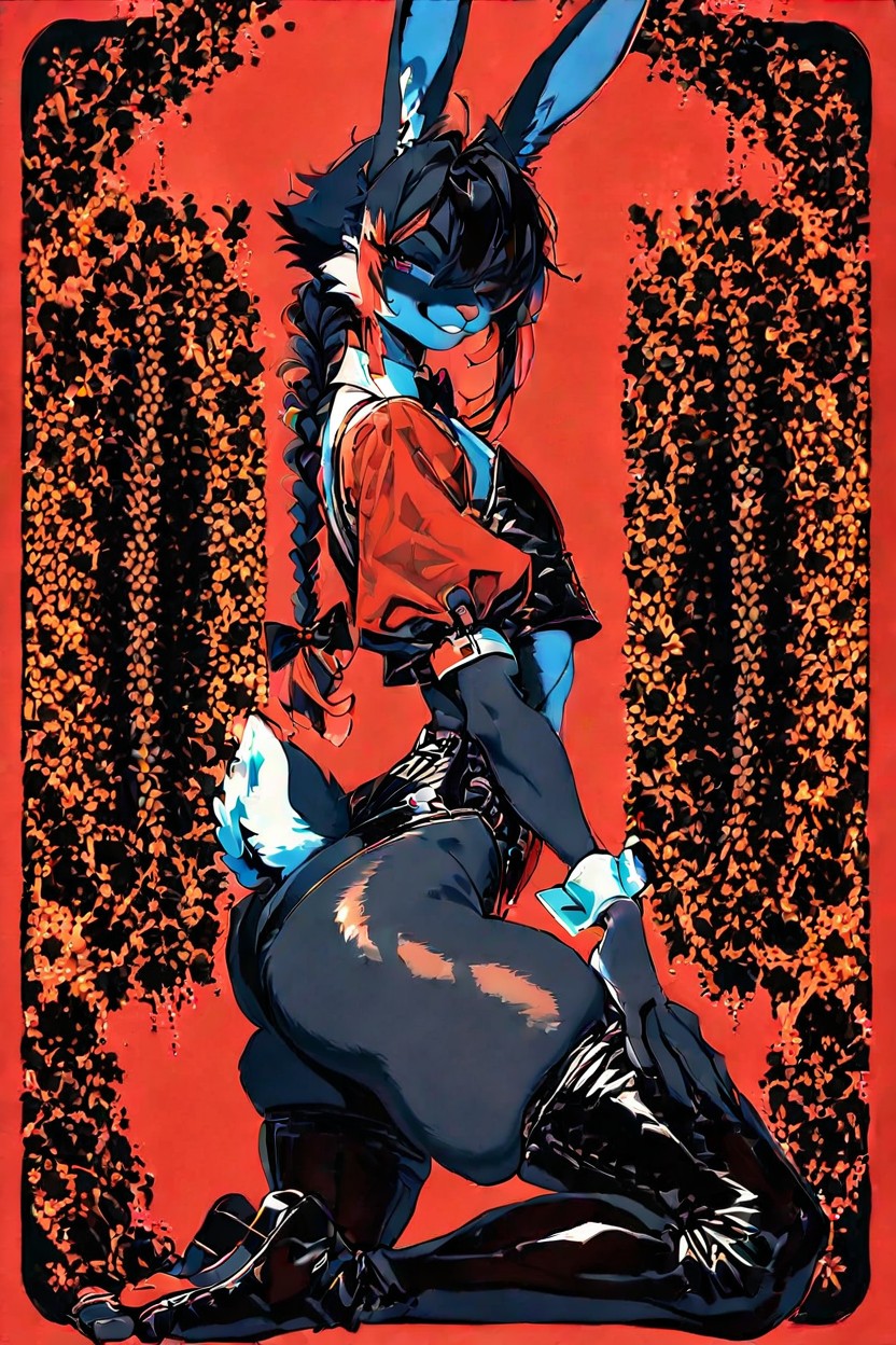 Black And Red Latex Shorts, All Black Hair, Turtle Neck Top ファーリーAIポルノ